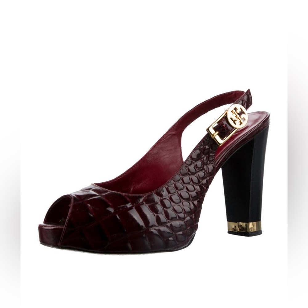Tory Burch Allison Crocs Burgundy Patent Leather platform pumps. Sz 9.5 - Picture 2 of 9